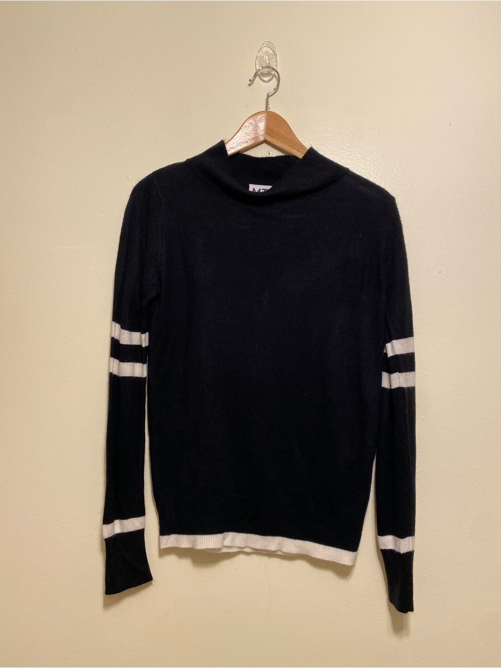 MADELEINE THOMPSON Black Sweater with White Stripe Accents. Size M